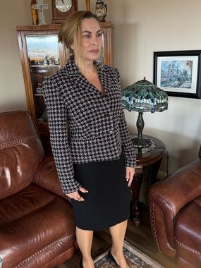 Classic Black & White Tweed Blazer with Solid High Waisted Skirt.